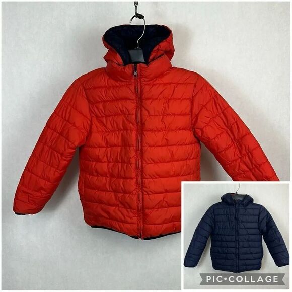Gymboree Other - Gymboree Reversible Puffer Jacket Coat Red Blue Sz Medium 7-8 Hood Zip Front